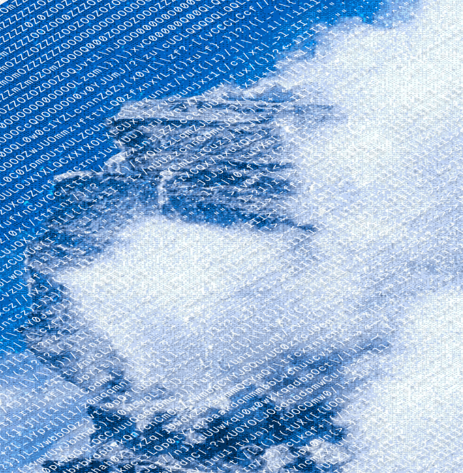 Blue mountain artwork overlaid with code